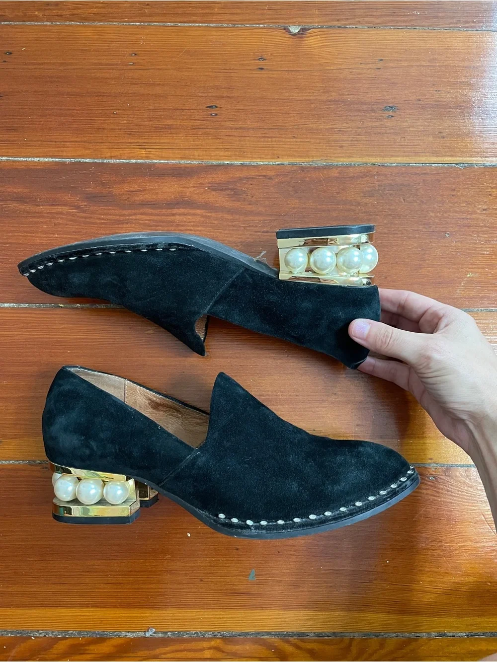 Jeffery Campbell Civil Black Suede Pearl Heel Loafers Women’s 8 ❤️🎀